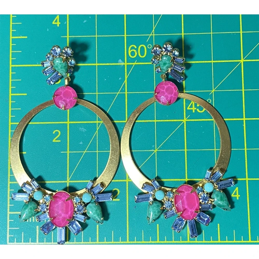 Elizabeth‎ Cole Pink Crystal Drop Dangle Earrings Speckled Cabs Hoops Post Glam - Picture 5 of 9